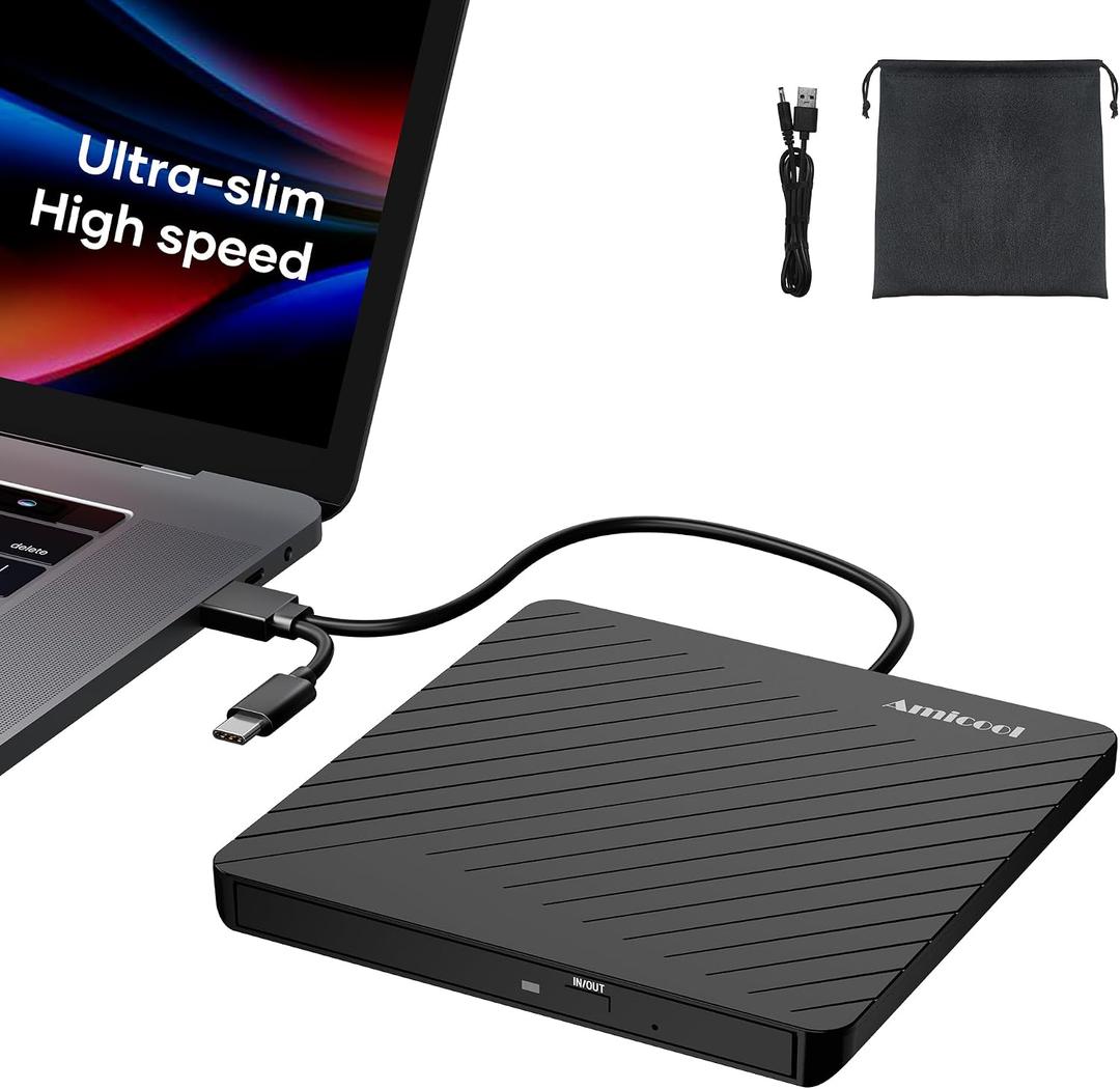 Amicool External USB-C USB 3.0 CD/DVD Drive Burner +/-RW, Ultra-Slim Portable DVD Player Writer Reader for Mac iMac MacBook, Windows 11/10/8 Linux, Laptop Desktop PC Computer Optical Drive