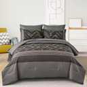 Luxudecor Grey Comforter Set Queen Size, 7 Pieces Grey and Black Stripe Bed in a Bag, Geometric Comforter and Sheet Set, Soft Microfiber Complete Bedding Sets for All Seasons
