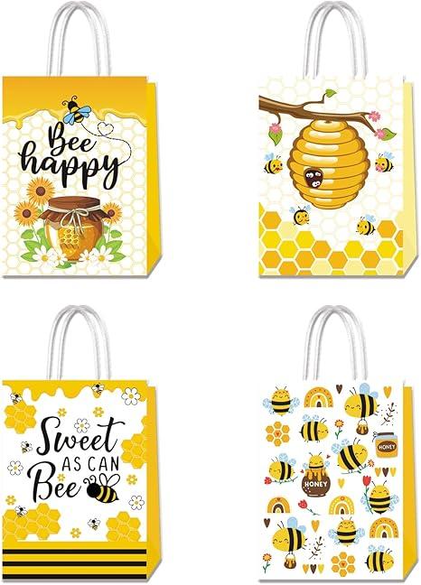 Ferraycle 24PCS Honey Bee Day Party Favors Bee Paper Bags Bee Goodie Bags Bulk with Handle Bumble BeeTreat Candy Paper Favors for Bee Theme Birthday Baby Shower Party Supplies