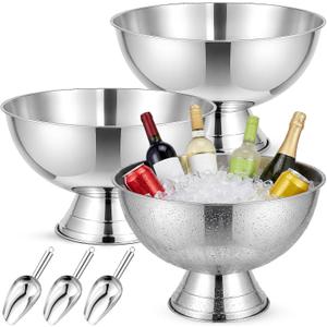 meekoo 3 Pack 13L Large Ice Bucket, Silver Stainless Steel Champagne Buckets with Scoop, Drink Beverage Tub for Parties, Cocktail Bar, Chilling Wine
