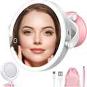 LitBear 10X/1X Magnifying Mirror Suction Cup with Light, 2025 Upgraded Wall Mounted Travel Makeup Mirror with Tweezers, 3 Color Dimmable Rechargeable Lighted Magnifying Mirror with 360 Rotation