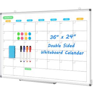Dry Erase Board Calendar for Wall, 36" x 24" Magnetic Whiteboard Calendar, Monthly Calendar Whiteboard for Wall, Double-Sided Hanging Aluminum Frame White Board for Home, School, Office