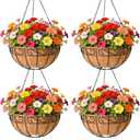 GYATSOCYG 4 Pack 14 Inch Metal Hanging Planter Basket，Natural Round Coconut Hanging Plant Flower Pot，Coconut Coir Planter for Hanging Basket Flowers/Vegetables Home Garden Patio Decoration Earth