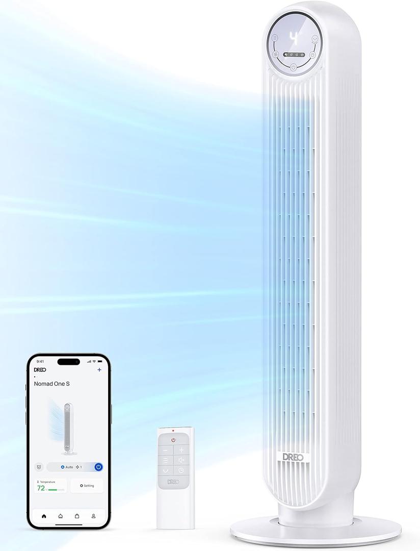 Dreo Tower Fan for Bedroom, 25ft/s Smart Standing Fans, 90 Oscillating Floor Fan with 4 Modes, 4 Speeds, 8H Timer, 28dB, Bladeless, Remote, 28 dB, Works with WiFi Voice Control (White)