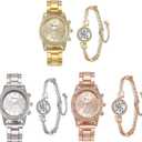 3 Pcs Elegant Diamond Watches and Bracelet Set for Women Classic Round Dial Rehinestore Bezel Analog Quartz Ladies Watches