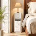 Narrow Nightstand with 4 Drawers, 7.9" Solid Wood Narrow Bedside Table White with Open Shelf & Cable Hole, Modern Night Stand Slim Bedside Table for Bedroom(Fully Assembly), 7.9" x 15.75" x 26.9"