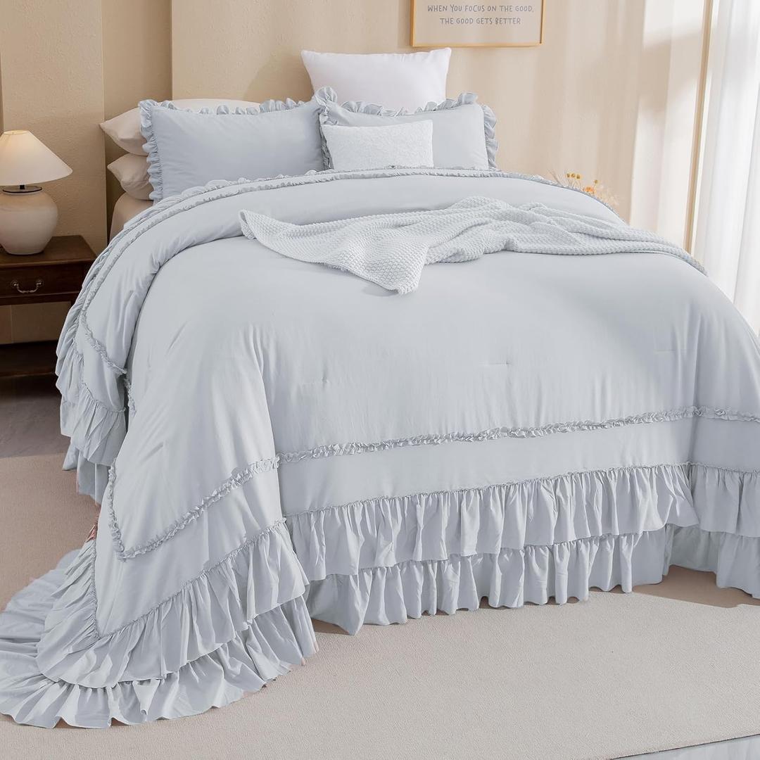 Masaca Oversized King Comforter 128x120,3 Pieces Vintage Farmhouse Ruffled Bedding Comforter Set Lightweight Ultra Soft French Country Bedding (1 Light Blue Ruffle Comforter +2 Pillowcases), Oversized King Plus 128x120