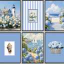 6Pcs Blue Coastal Hydrangea Canvas Wall Art Nautical Lighthouse Ocean Painting Pictures Wall Decor Floral Beach Scene Poster Print Artwork for Living Room Bedroom Home Decoration 8x10in Unframed