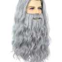 Grey Wizard Wig and Beard for Men Long Gray Beard Wig Set for Mens Halloween Costume Cosplay Party (Grey)