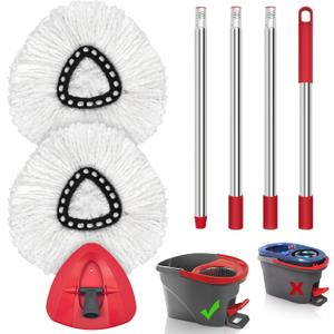 JEHONN Spin Mop Replacement Heads, Base, Handle for O-Cedar EasyWring 1 Tank System, Includes 2 Microfiber Refills, 1 Triangle Cover and 58 inches Long Pole for Cleaning Bathroom Kitchen Tile Floor