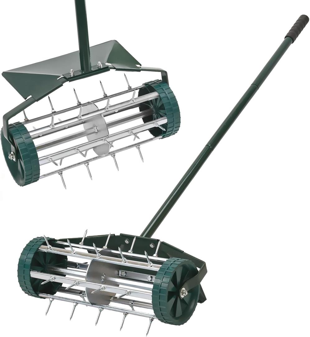 18-Inch Spike Rolling Lawn Aerator for Grass. Heavy Duty Manual Push Aerator Lawn Tool,Soil Health for Garden&Yard Tool(Green with Fender)
