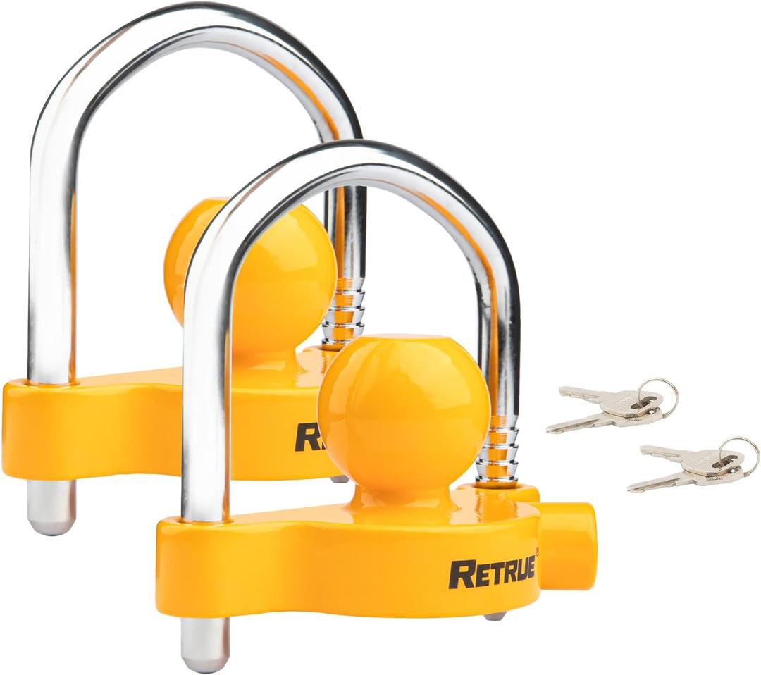 RETRUE Universal Coupler Lock Trailer Locks Ball Hitch Trailer Hitch Lock Adjustable Security Heavy-Duty Steel Fits 1-7/8 Inch, 2 Inch, 2-5/16 Inch Couplers (Pack of 2) (Yellow)