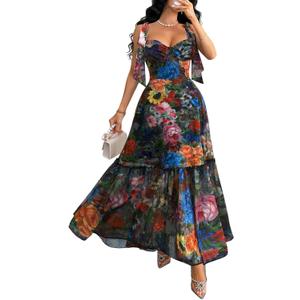 GothDark Women's Floral Maxi Dress Tiered Ruffle Mesh A-Line Sweetheart Neckline Boho Beach Casual Wedding Guest Dresses, XL