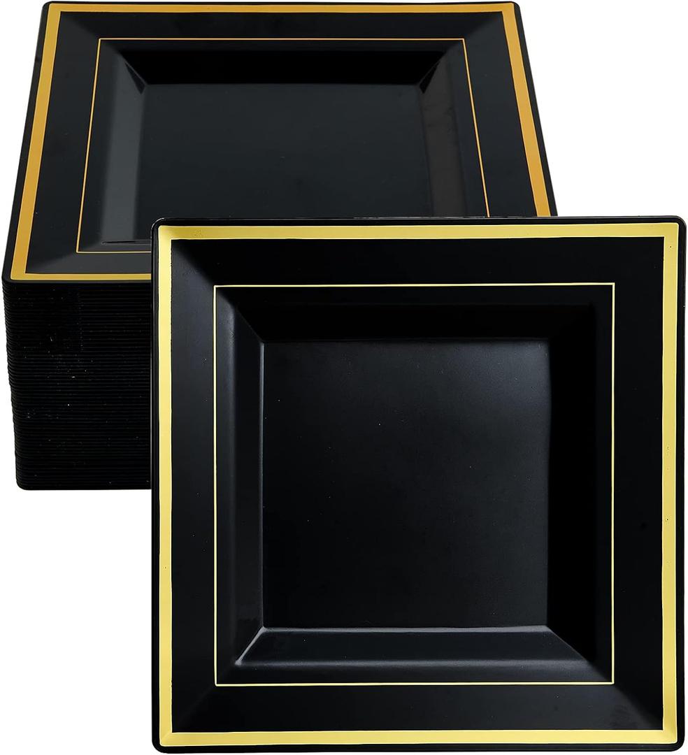 JOLLY CHEF 60 Pack Halloween Birthday Plastic Plates- Square Gold Plastic with Elegant Gold Rim 9.5 Inch Black Disposable Plates for Wedding, Birthday, Halloween and Party