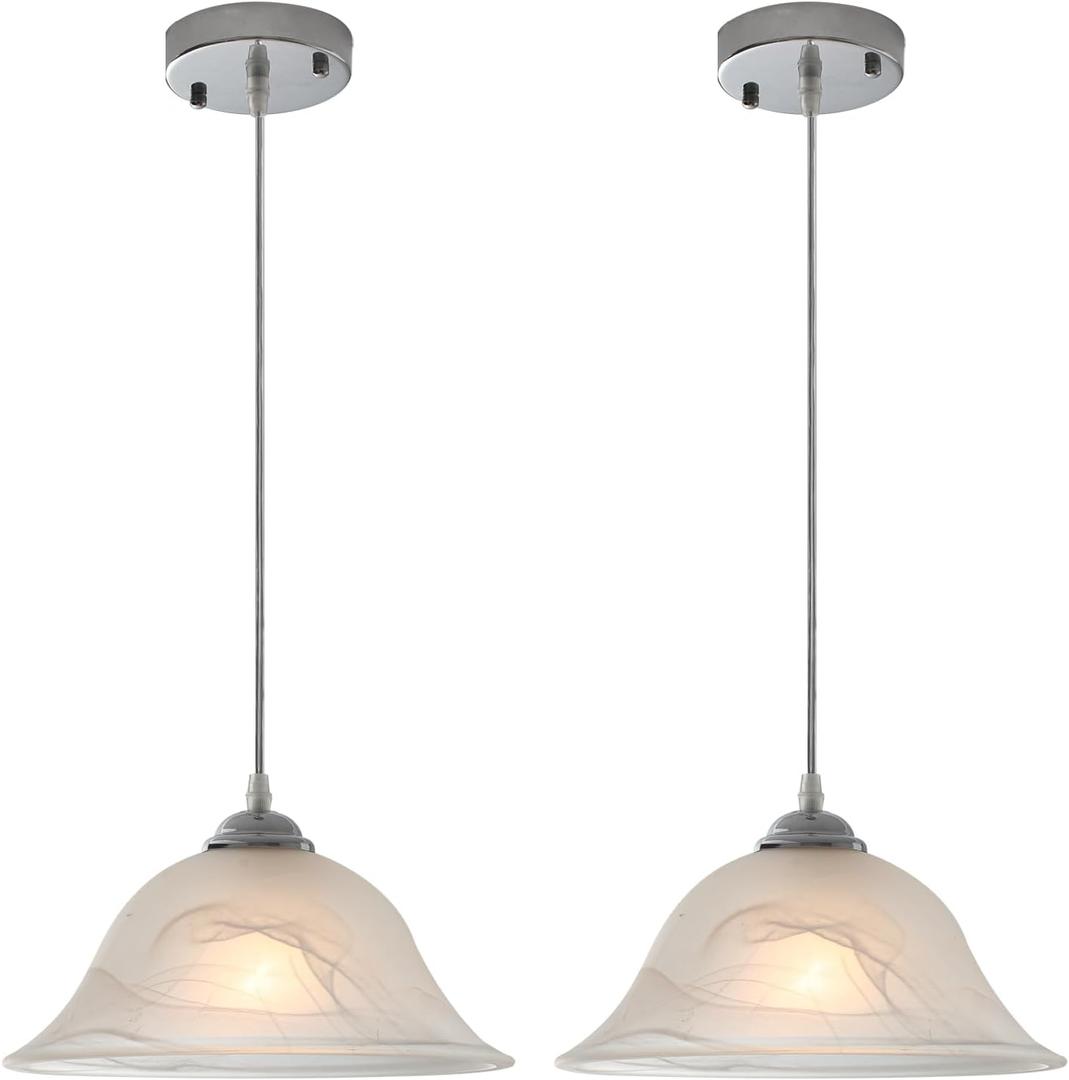 Chrome Pendant Lights Kitchen Island, 11.8 Inch Vintage Alabaster Glass Pendant Lights, White Farmhouse Pendant Light 2 Pack, Glass Pendant Light for Dinning Room, Living Room Bedroom
