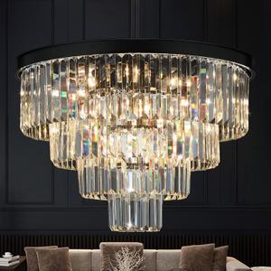 Crystal Chandeliers for Dining Room Lights Fixture Over Table, 15 Lights Black Modern Chandeliers for Living Room, 4-Tier Round Crystal Lighting Fixtures for Bedroom Entryway Kitchen Island D24 Inch