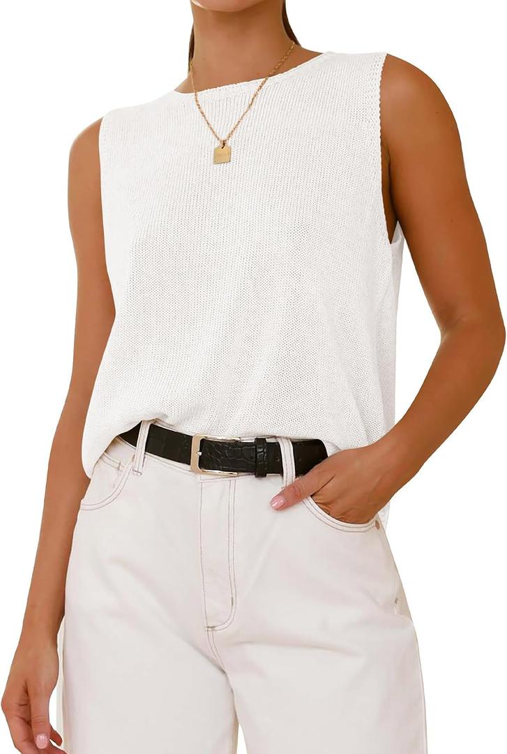 BTFBM Sleeveless Sweater Tops for Women 2026 Crew Neck Lightweight Casual Loose Tank Summer Outfits Fashion Clothing (White, M)
