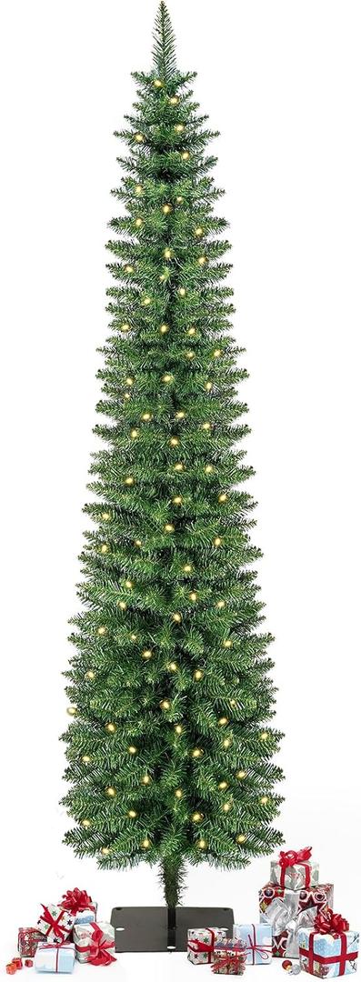 Green Pencil Artificial Christmas Tree Pre-Lit with Warm Lights, Slim Xmas Tree - 7FT