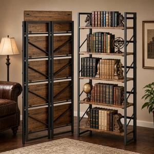 Kogven Folding Bookshelf, 2-in-1 Convertible Design, Multifunctional Plant Stand Storage Rack Shelves for Home Office, Easy Assembly, 5-Tier,Rustic Brown