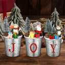 3 Pcs Christmas Joy Table Decorations Vintage Tin Buckets Small Xmas Tree Indoor Mini Artificial Trees Plants with Santa Snowman Desk Decor for Tabletop Centerpiece Office, 7.08 x 3.93 Inch