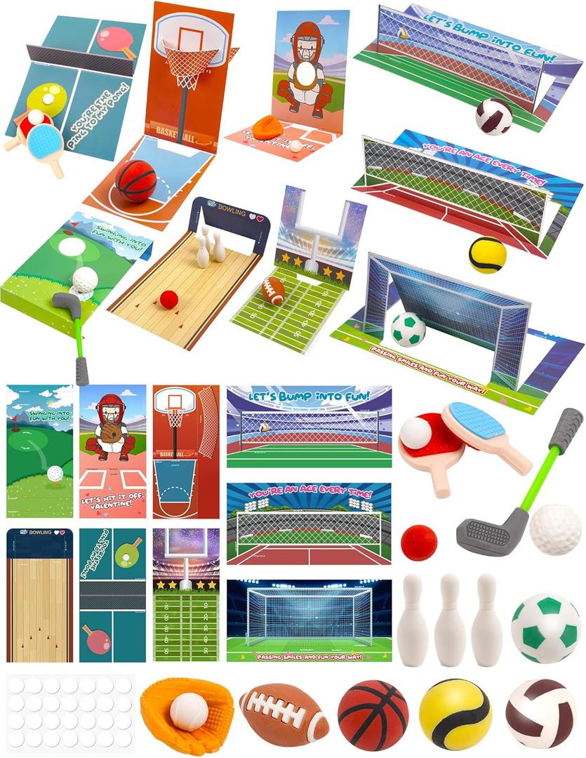 27 Pcs Valentines Cards with Sports Ball Erasers, 9 Design Sports Erasers with Valentines Cards for Party Favor, Valentines School Classroom Exchange Prizes, Boys Kids Valentines Toys