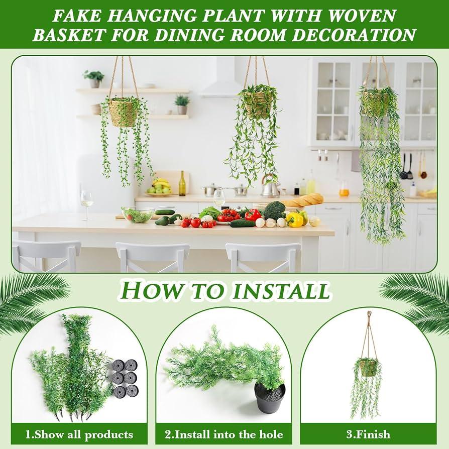 Mini Fake Hanging Plants with Woven Basket Boho Artificial Ivy Faux Vines Eucalyptus Leaf for Indoor Home Wall Living Room Bathroom Shelf Decor