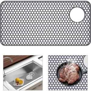 Sink Protectors for Kitchen Sink-TOOVEM 28.3"x14.4" Drain Hole Farmhouse Sink Protector, Kitchen Sink Mats Accessory, Non-Slip Heat Resistant Sink Mat for Protection Bottom of Stainless Steel (Grey-Upper Right Drain)