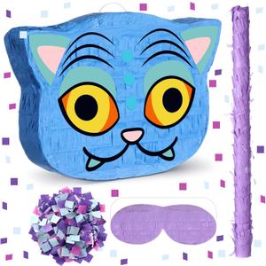 Sosation Cat Piata 12.5 x 9 Inch Blue Cat Shaped Piata with Blindfold Bat for Purple Birthday Decoration Friendship Fans Favor Decoration Wedding