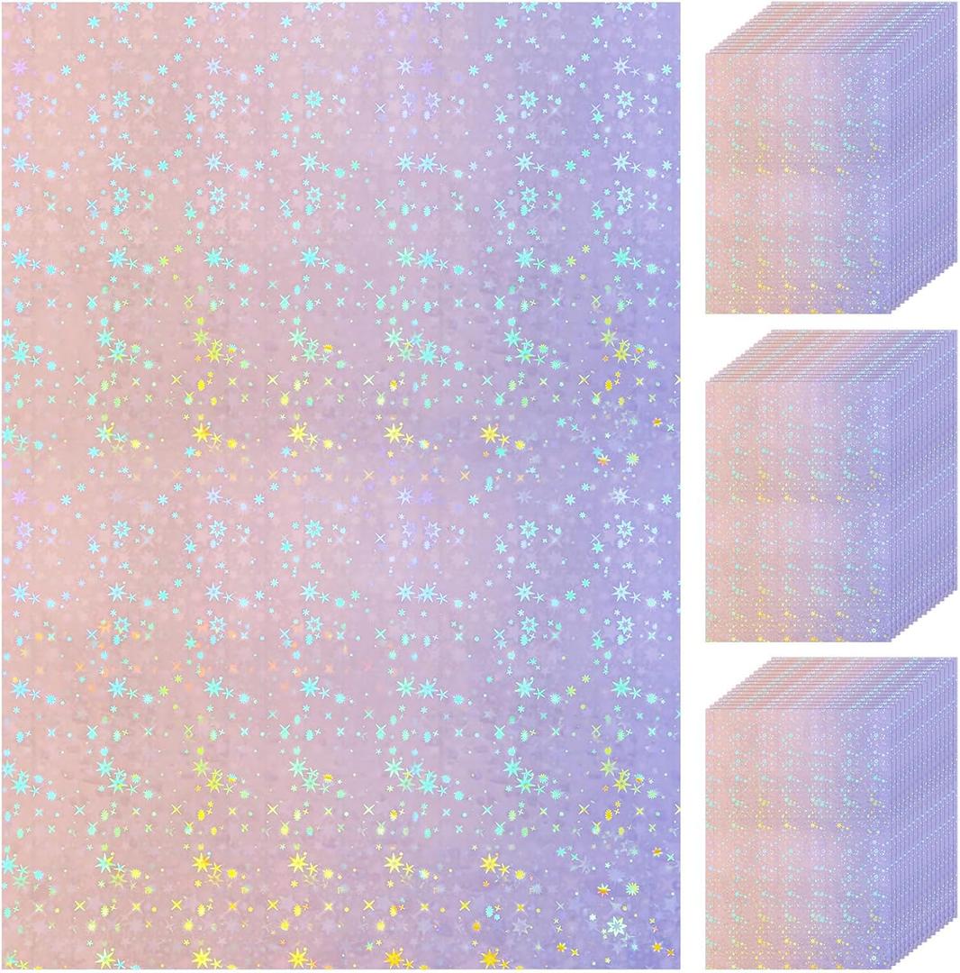 60 Sheets Holographic Laminate Sheets Clear Glitter A4 Size Vinyl Sticker Paper Holographic Overlay Self Adhesive Waterproof Transparent Film, 11.7 x 8.3 Inch (Star Style)