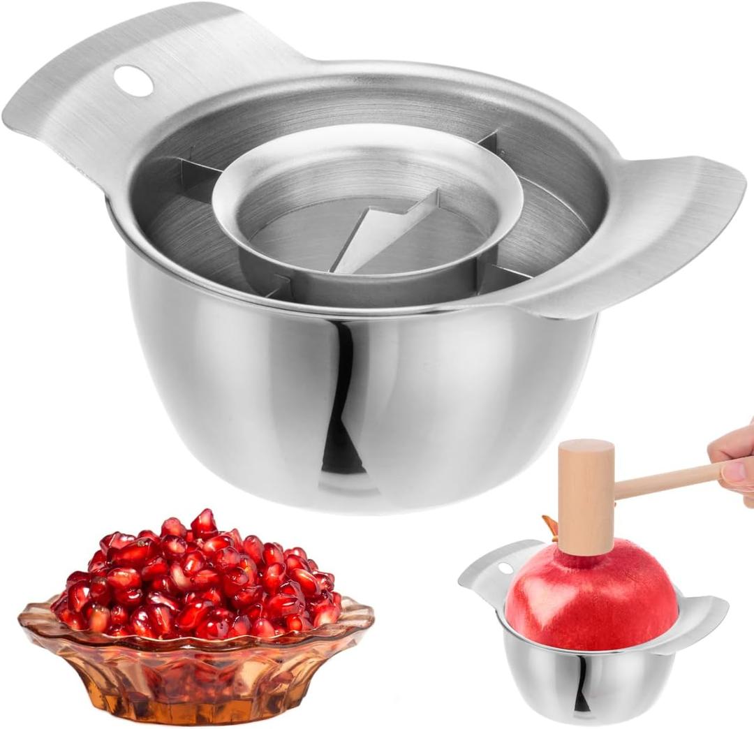 NUOBESTY 304 Stainless Steel Pomegranate Deseeder Tool with Wooden Hammer, Metal Fruit Seed Remover Peeler Set with Bowl, Kitchen Cutter Gadget for Quick Arils Extraction & Separator