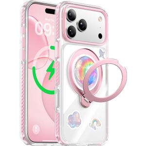 Peerock Summer Series 360 Spin Stand for iPhone 17 Pro Case (Compatible with MagSafe) [Military Drop Protection] Magnetic Clear Shockproof Protective for 17 Pro Phone Case 6.3'', Pink