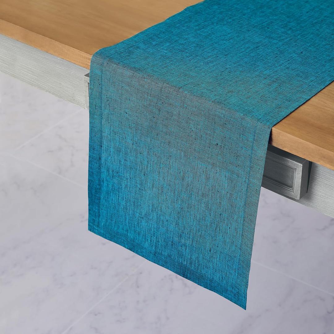 Solino Home Linen Small Table Runner 60 Inches - Athena, 100% Pure Linen Chambray Teal Table Runner 14 x 60 Inch Ideal for Dresser and Coffee Tables - Fall