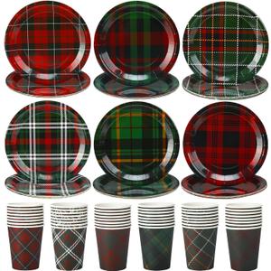 Mifoci 96pcs Christmas Plaid Tableware Set Christmas Paper Plates & Cups Red Green Black Tartan Plates for 48 Guests Xmas Party Supplies Disposable Dinnerware