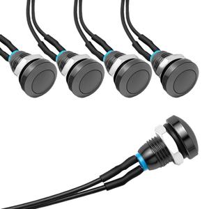 APIELE Metal Push Button Switch Momentary SPST 1NO 2A 36V AC/DC with 8mm/0.3 Inch Mounting Holes 5PCS Pre-Wired Brass Plated Colors IP65 (Black, 8mm)