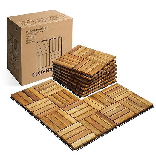 10 PCs Interlocking Deck Tiles, 12x12 inches Waterproof Wood Patio Floor Tiles for Indoor and Outdoor, Easy Snap Flooring, Balcony, Garden, Square Joints, Natural