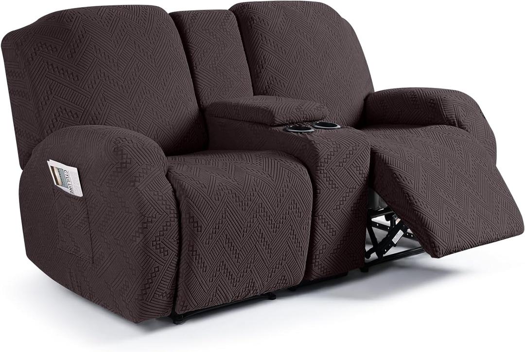 Ruaozz Loveseat Recliner Covers with Console, 4-Pieces Recliner Sofa Covers Stretch Jacquard Reclining Couch Covers with Pockets Furniture Protector with Elastic Straps Bottom (Chocolate)