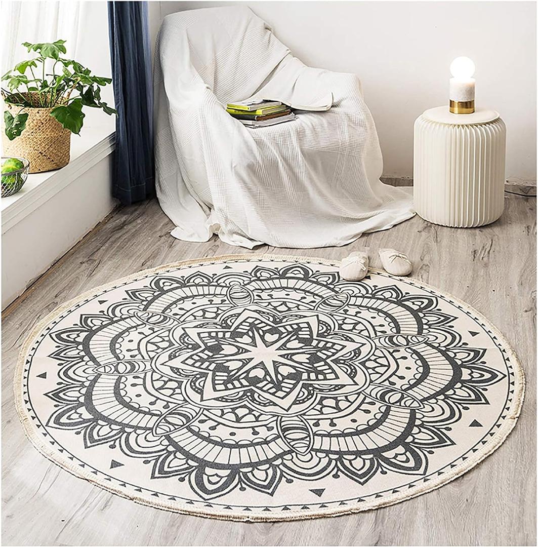 Jucoan 4 Ft Round Rug, Hand Woven Cotton Round Area Rug with Tassels, Machine Washable Bohemian Circular Throw Rug Floor Carpet Mat for Bedroom, Living Room, Playroom