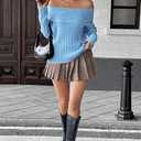 Cakulo Womens Off The Shoulder Sweater Ribbed Oversized Long Sleeve Tops 2026 Casual Knit Pullover Sweaters (Blue, S)