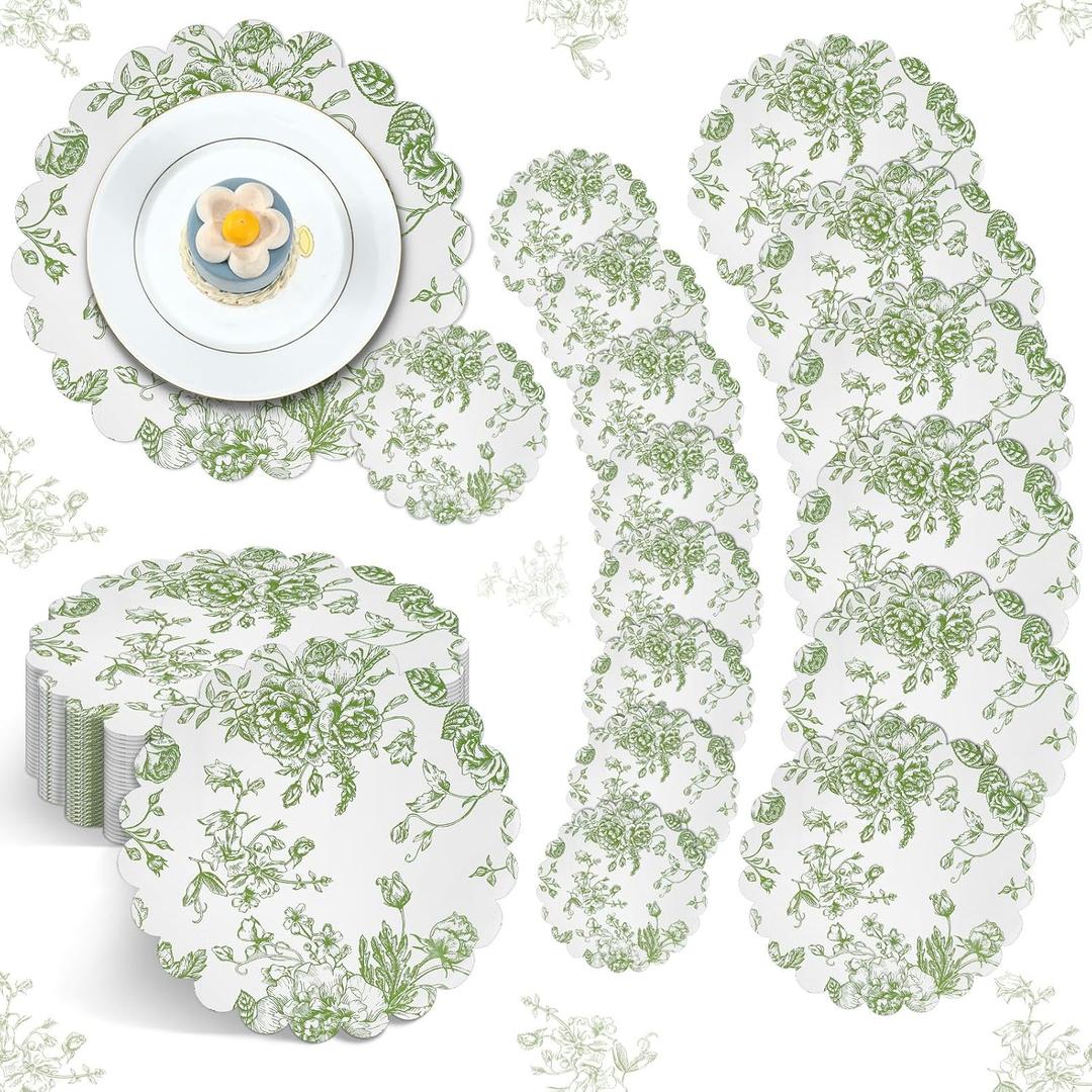 100 Pcs Sage Green Floral Paper Placemats Wedding Party Placemats and Drinks Coasters Disposable Greenery Flower Dinner Decorative Mats for Wedding Party Banquet Table Setting Decor