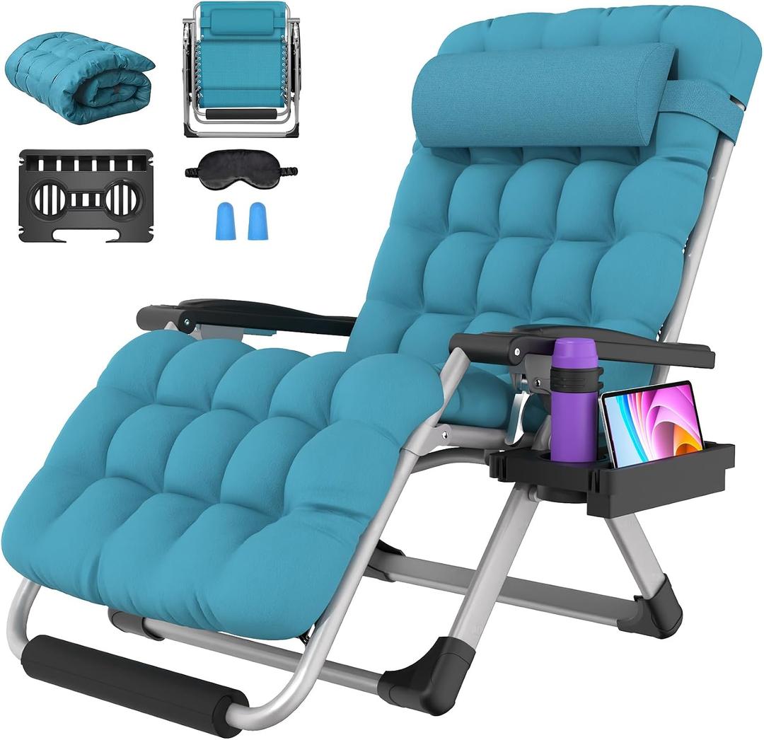 Suteck Oversized Zero Gravity Chair,500LBS 33In XXL Outdoor Recliner Chairs w/Removable Cushion&Headrest, Camping Lounge Chair w/ Upgraded Lock&Footrest, Reclining Patio Chairs for Indoor Outdoo, Soft Blue