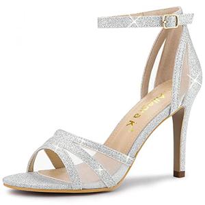 Allegra K Women's Glitter Ankle Strap Silver Stiletto Heels Sandals 7.5 m US