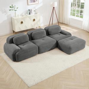 117" Modern Compressed Boneless Couch with Ottoman, 3 Seater Large L Shaped Sectional Couches for Living Room, Gray Corduroy Cloud Modular Sectional Sofa, Memory Foam, Extra Deep, No Assembly (Grey)