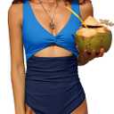 Charmo Womens One Piece Swimsuit Ruched Tummy Control High Cut Backless V Neck Bathing Suits Swimwear (Small, 5g# Navy Color Block)