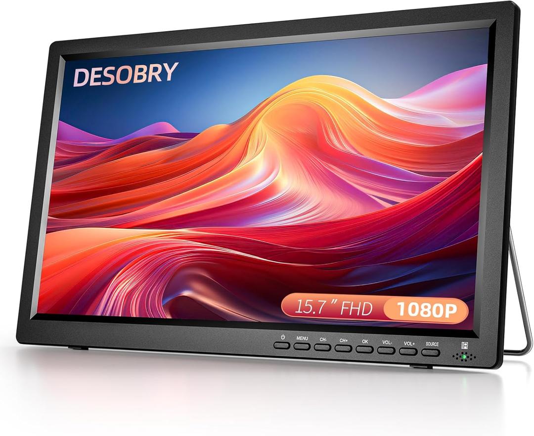 Desobry 15.7 inch Portable TV with Antenna, Portable Small TV with ATSC Tuner, Rechargeable Battery Operated Mini LCD Monitor 1080P,Built-in Stand,HDMI Input,USB,AV in,Supports Camping,Kitchen