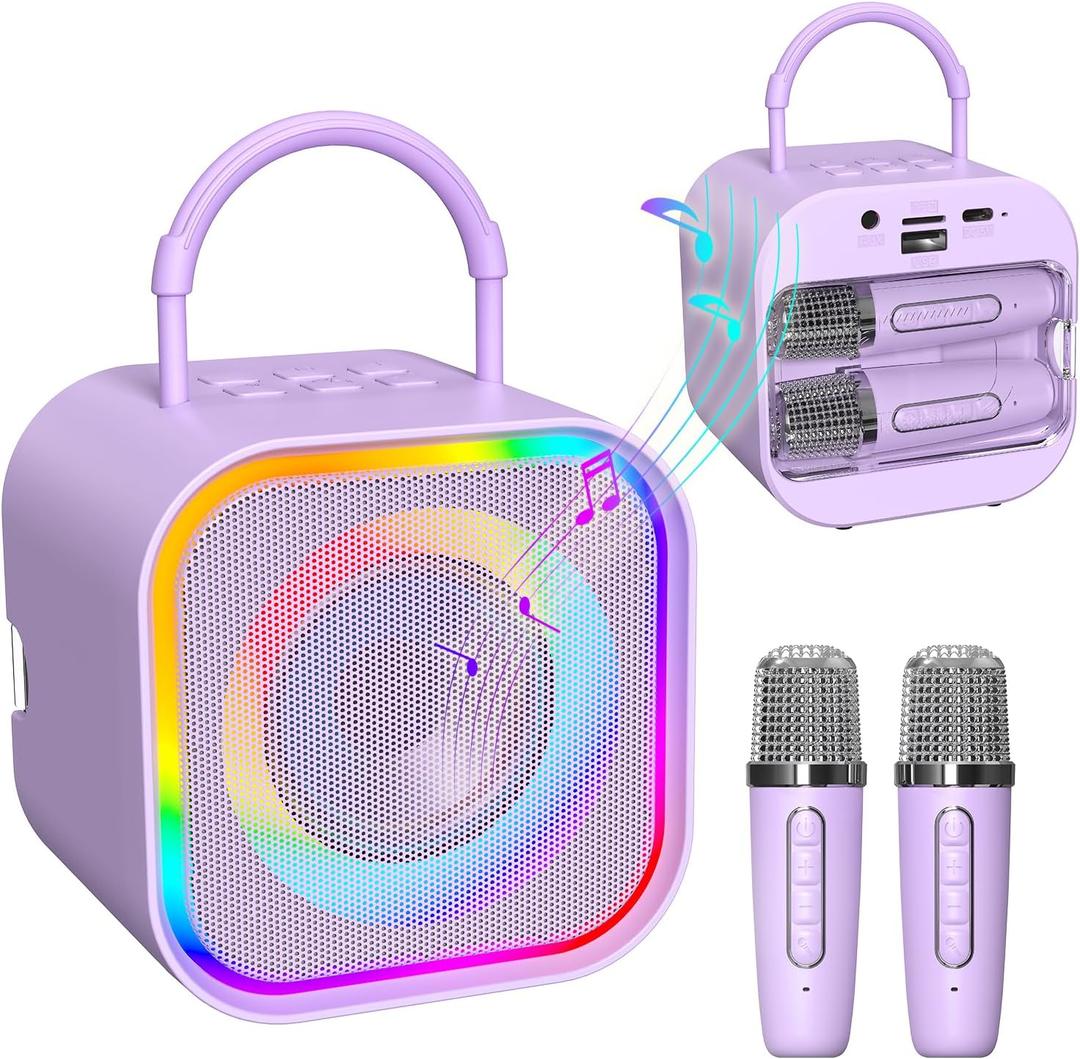 Karaoke Machine for Kids,Mini Karaoke Machine with 2 Wireless Mics (Built-in Storage),Fun Voice Effects/Dynamic LED Lights,Birthday Gifts for Girls Boys (Purple)