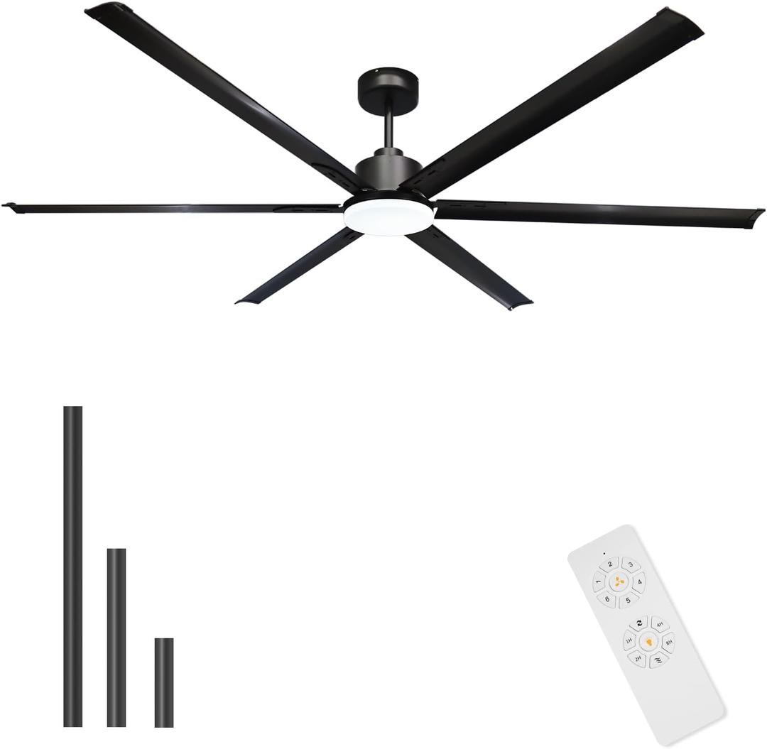 GESUM 84 Inch Ceiling Fans with Light, Industrial Ceiling Fan with 6 Aluminum Blades, Reversible, 6-Speeds, Large Ceiling Fan for Porch/Garage/Shop (Black)