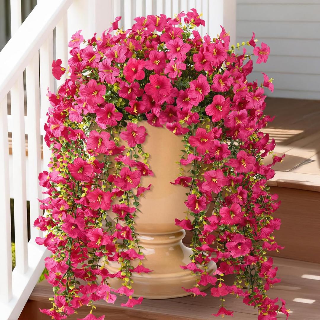 ZFProcess Artificial Hanging Flowers Plants for Outdoor Spring Summer Decoration, 2PCS Faux Silk Morning Glory UV Resistant Look Real for Outside Home Indoor Planter Porch Garden Yard Decor(Rose Red)