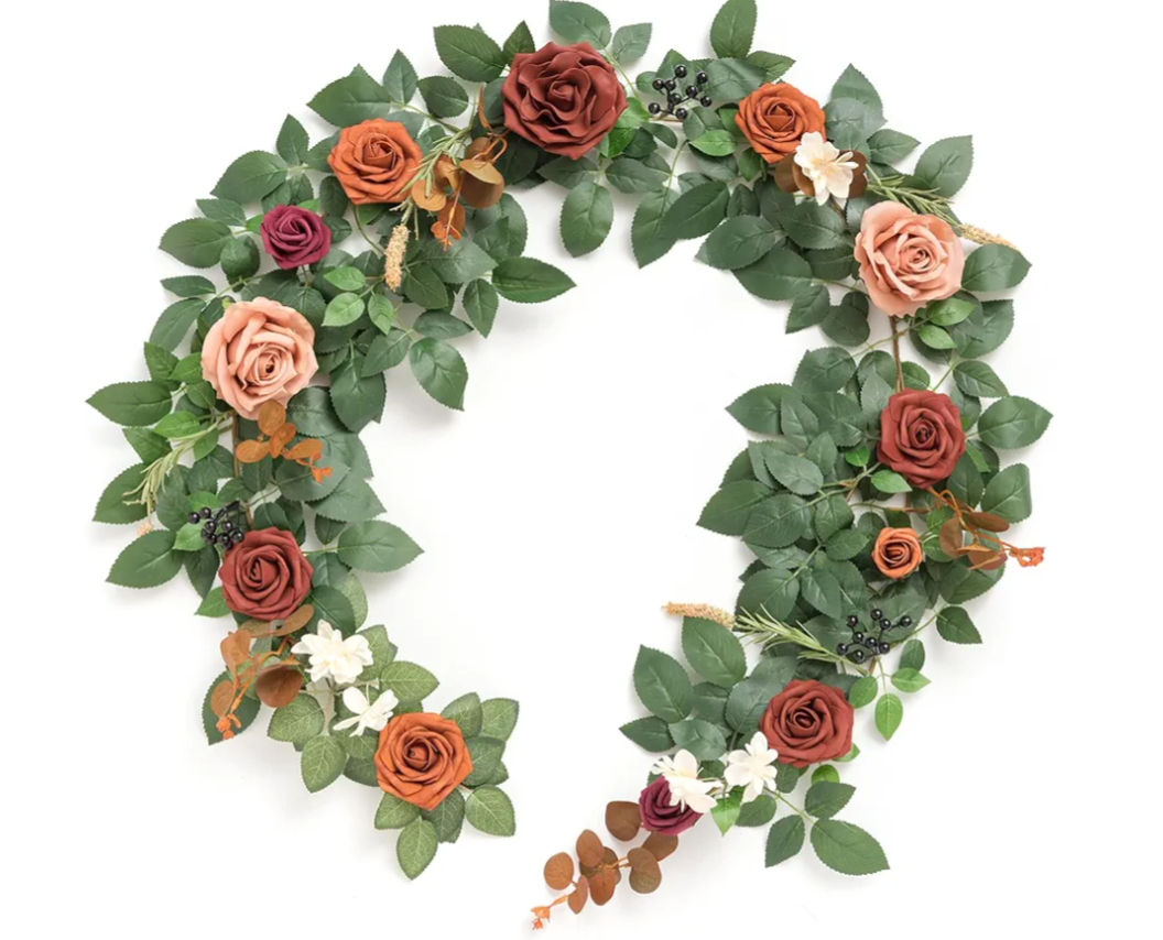 Ling's moment 5FT Terracotta Artificial Flower Garland Rose Eucalyptus Leaves Fall Floral Garland Burnt Orange Arch Flowers Vine for Wedding Party Backdrop Decor Mantel Table Centerpieces Decorations