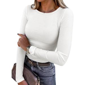 Women Long Sleeve Crewneck Rib Knit Slim Fit Shirts Basic Tee Tops 2024 Casual T-Shirt Going Out Workout Outfits (Medium, White)