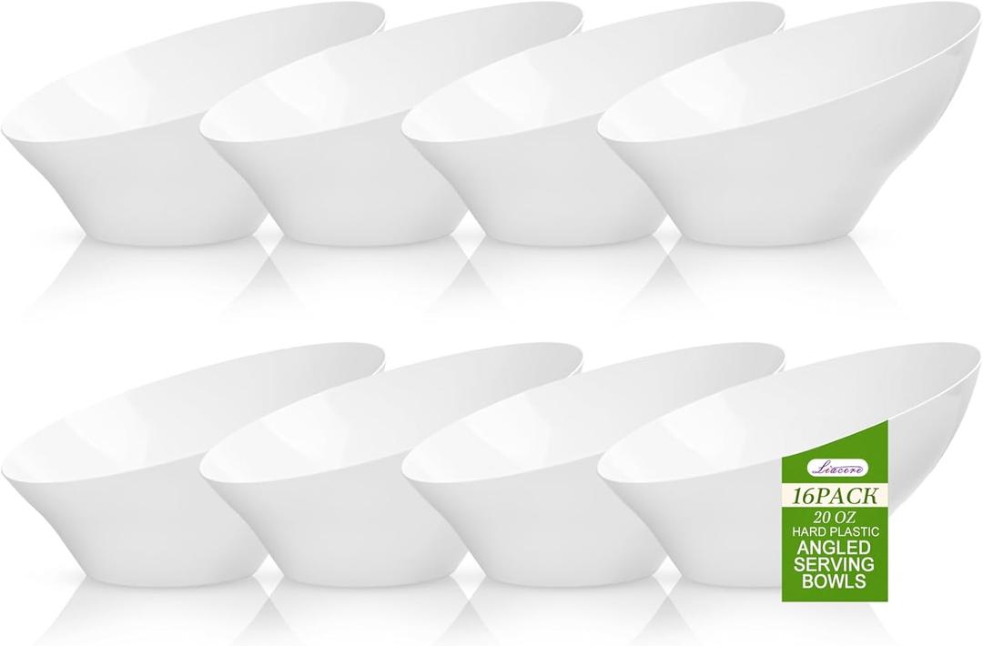 Liacere 16 Pack White Plastic Serving Bowls - 20 OZ Snack Bowl - Disposable Bowl Angled Party Table Salad and Fruit Bowl Small Serving Bowls for Chip&Candy, Ideal for Wedding & Christmas & New Year